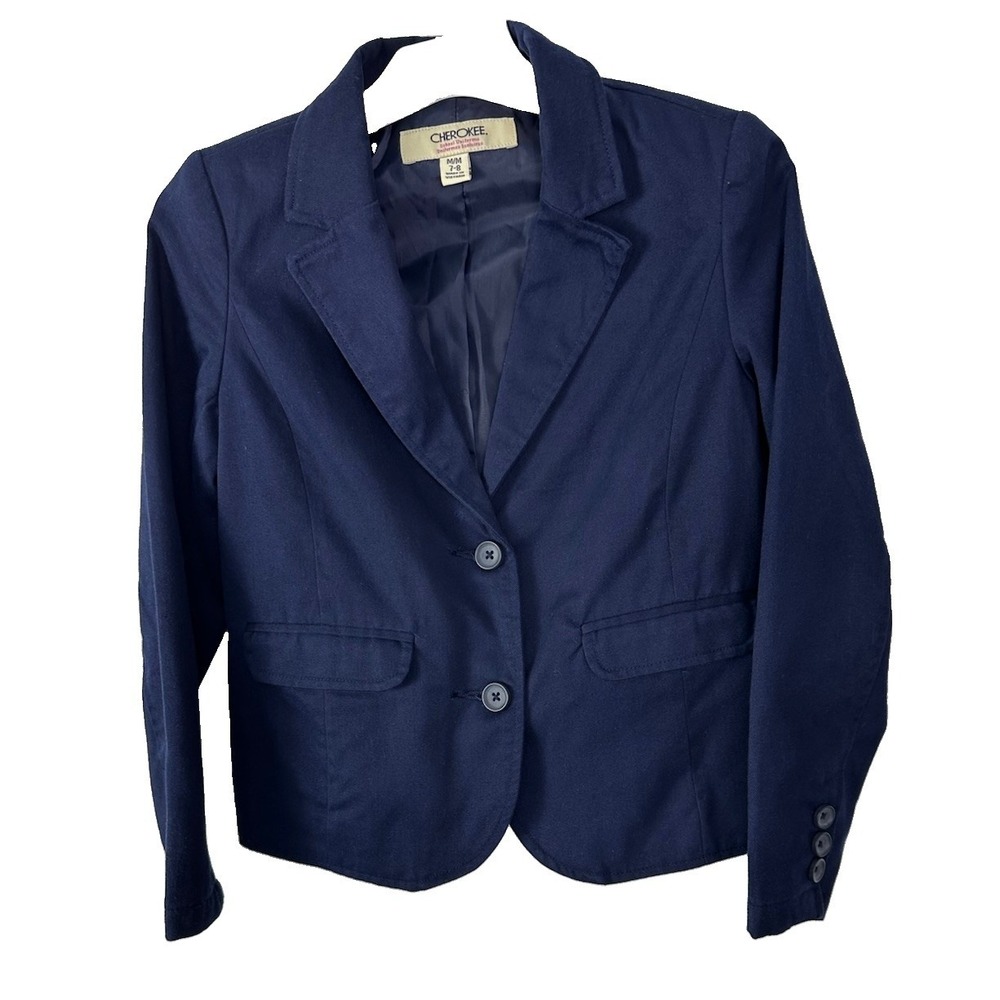 Cherokee Navy Blue Blazer Boys Size 7-8 Yrs Cotton Blend Two Buttons Lined